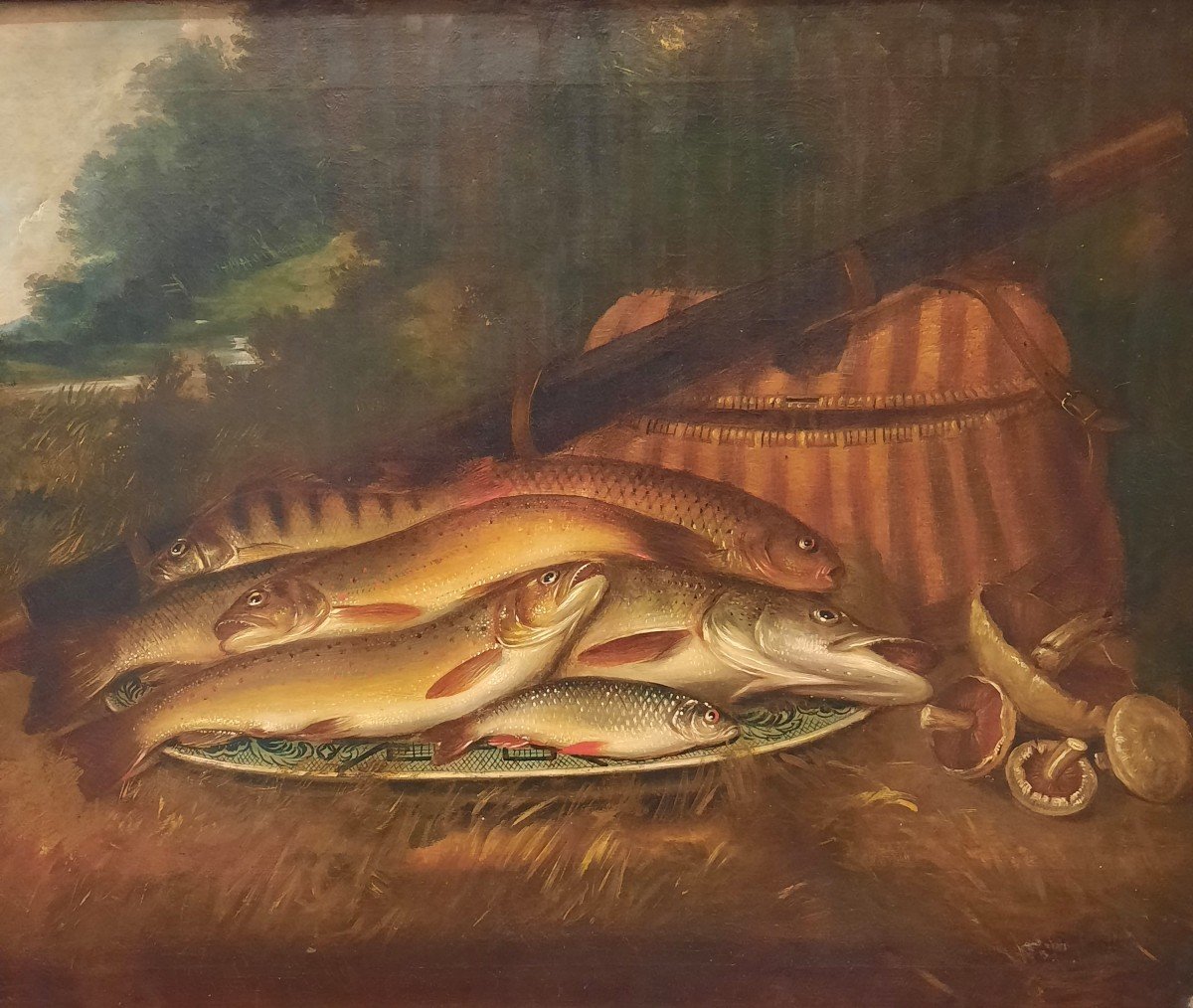 Huile sur toile  - Nature morte aux poissons - de Henry L&eacute;onidas Rolfe (1824 - 1881)-photo-3