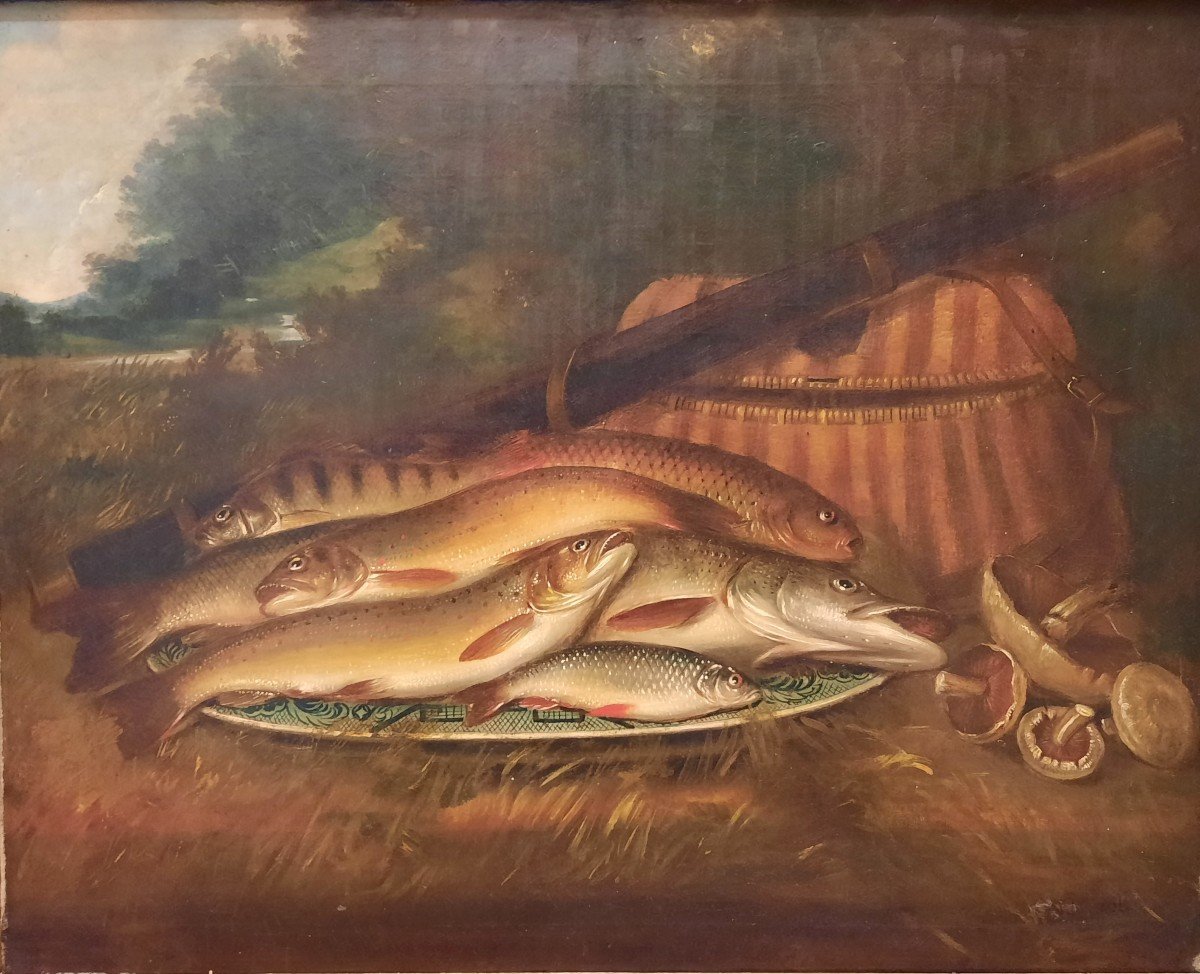 Huile sur toile  - Nature morte aux poissons - de Henry L&eacute;onidas Rolfe (1824 - 1881)