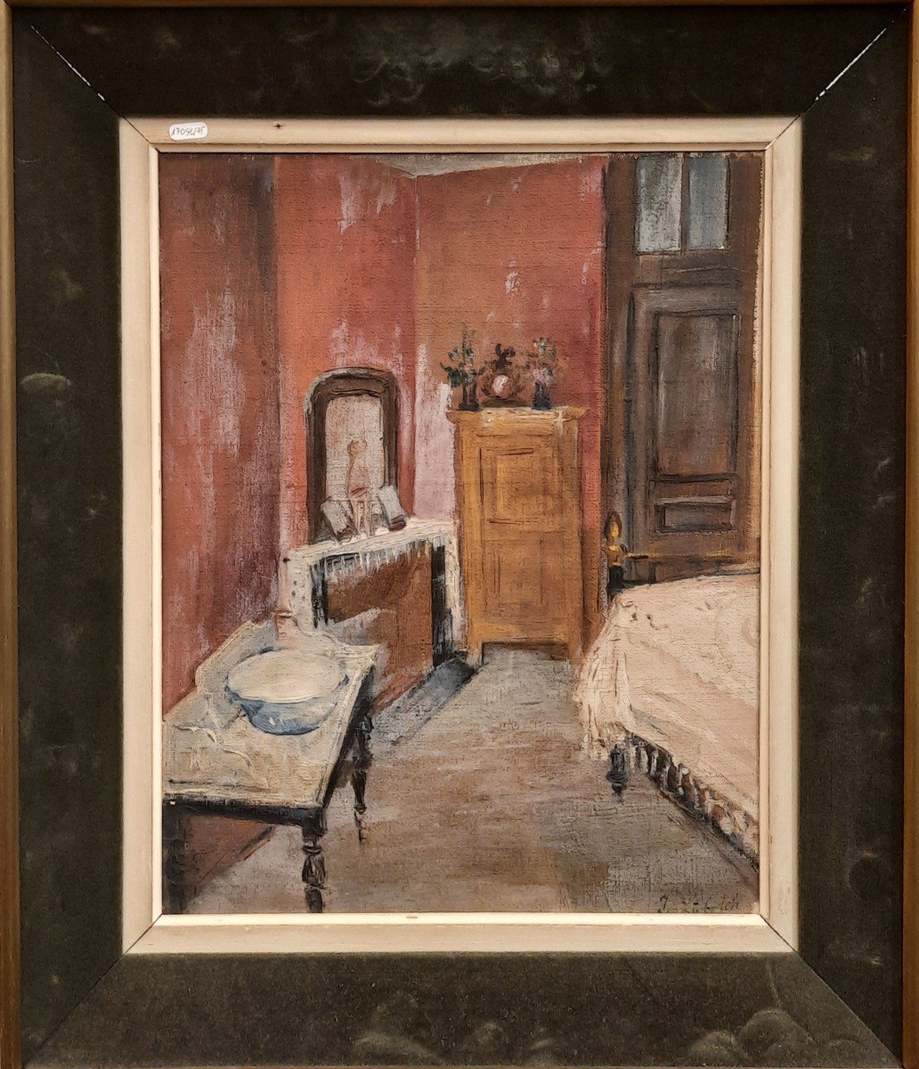 Huile sur toile, "Vue d'une chambre" de Ossip Lubitch (1896 - 1990)-photo-2