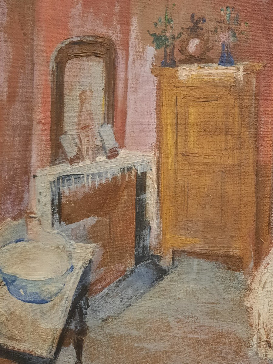 Huile sur toile, "Vue d'une chambre" de Ossip Lubitch (1896 - 1990)-photo-3