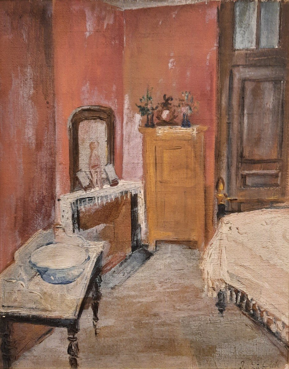 Huile sur toile, "Vue d'une chambre" de Ossip Lubitch (1896 - 1990)
