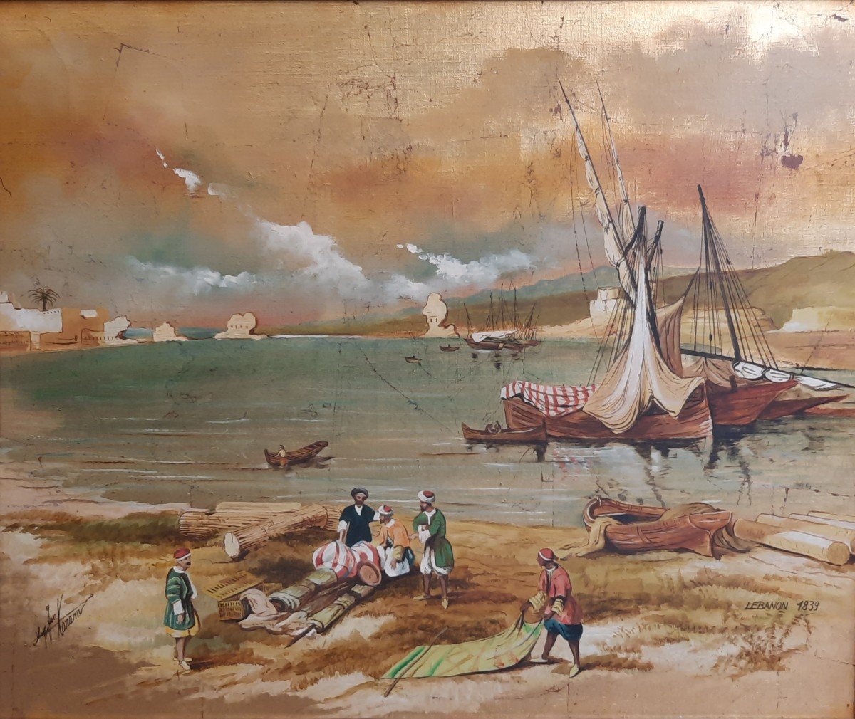 Huile Sur Toile - Bord De Plage Au Liban - XXe Siècle