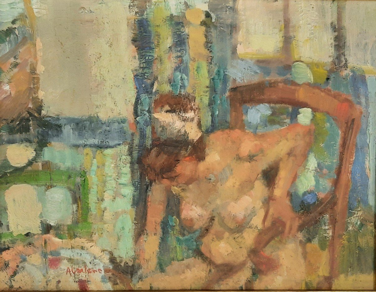 Huile Sur Panneau - Femme Nue Sur Un Si&egrave;ge - De Ren&eacute; Aberlenc