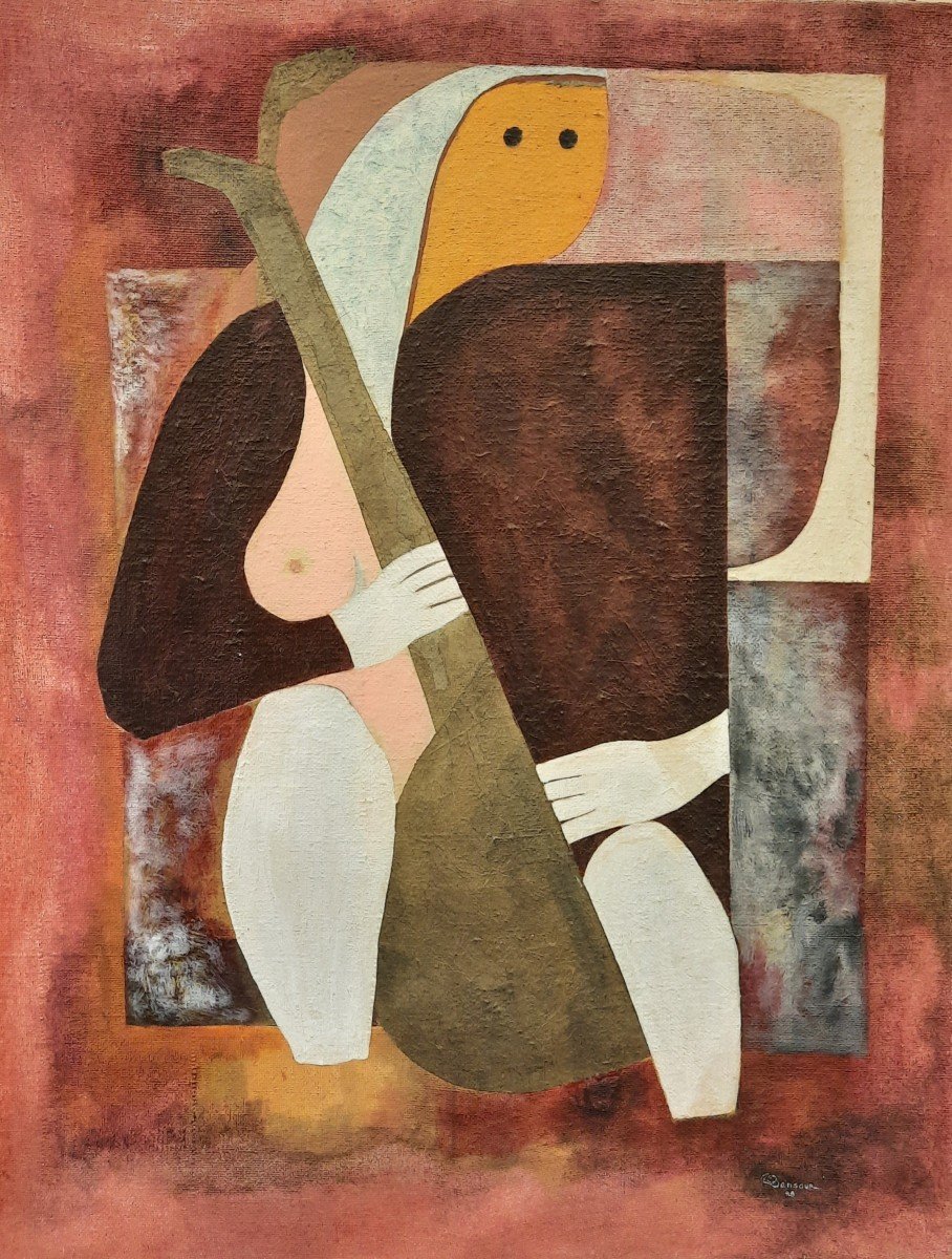 Oil On Canvas - Female Musician With The Zither - 20th Century