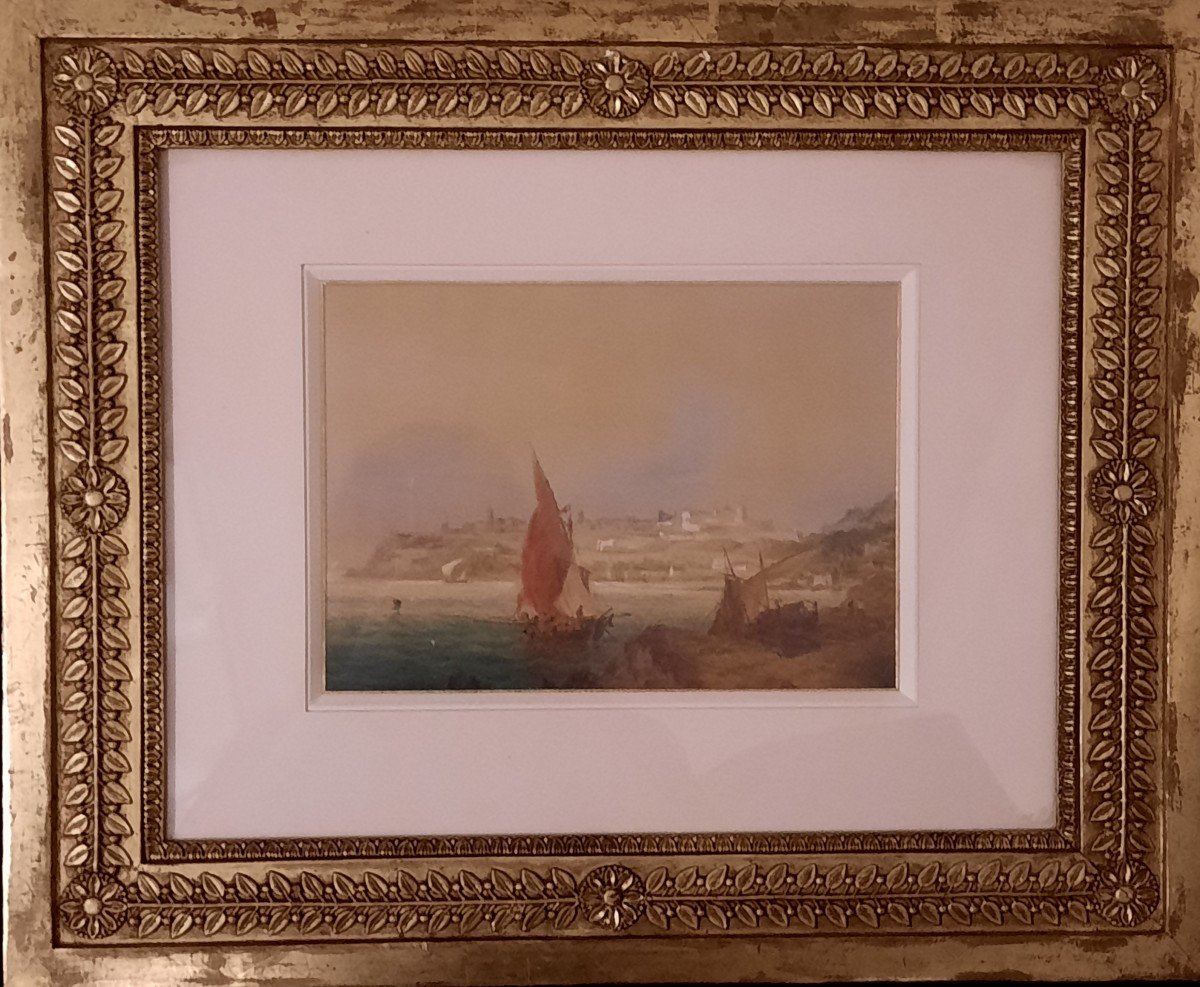 Aquarelle Sur Papier - Vue Orientaliste De Barques - De Ambroise Louis Garneray (1783 - 1857)-photo-2