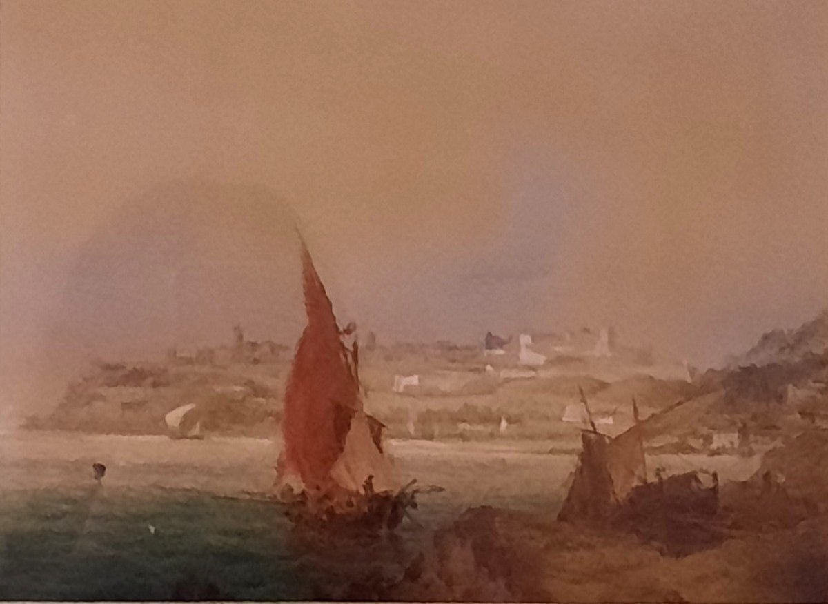 Watercolor On Paper - Orientalist View Of Boats - By Ambroise Louis Garneray (1783 - 1857)