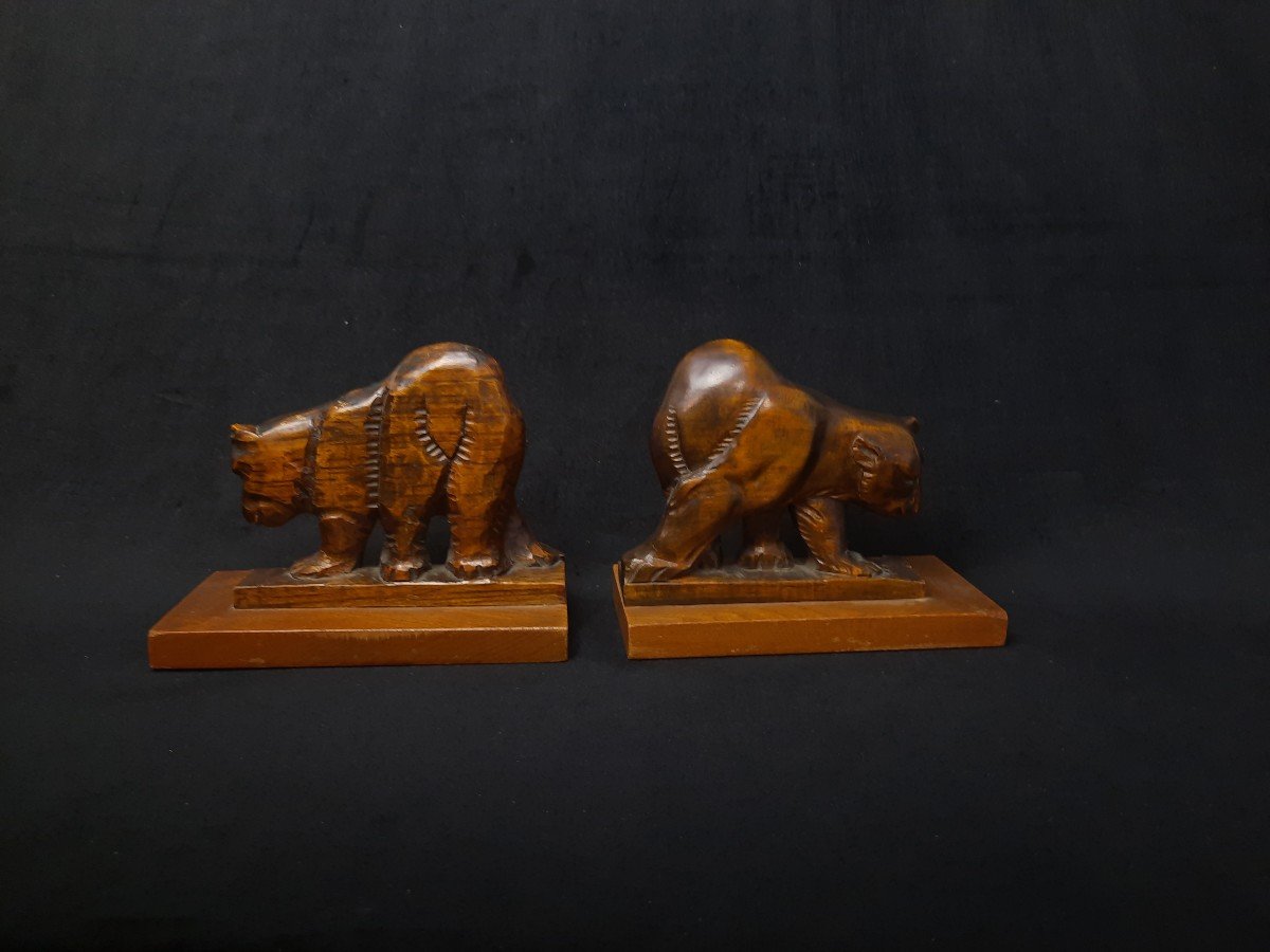 Paire De Sculptures d'Ours En Bois - XXe Siècle-photo-4