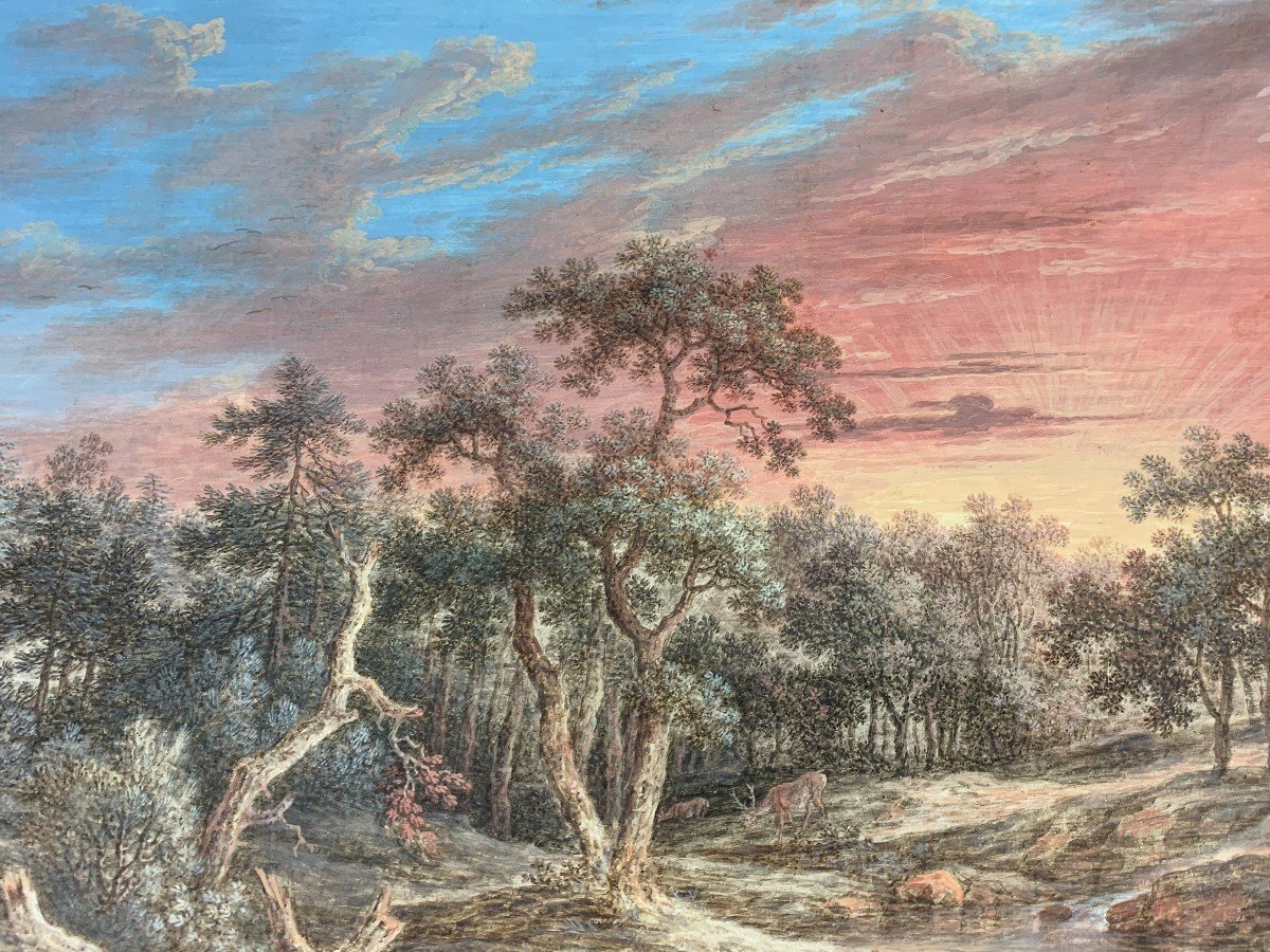 Watercolor Gouache - Landscape With Deer - By Carl Sebastian Von Bemmel (1743-1796)-photo-1