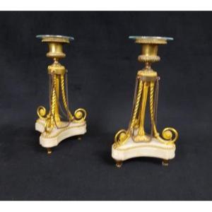 Pair Of Marble And Gilt Bronze Candlesticks - 19th Century