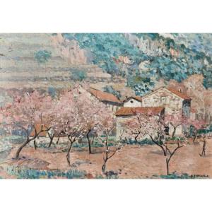 Oil On Canvas - Montagut Peach Trees - By Georges Letrain (20th Century)