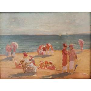 Gustave Poetzsch (1870-1950) - Huile Sur Panneau - Scène De Plage à Deauville