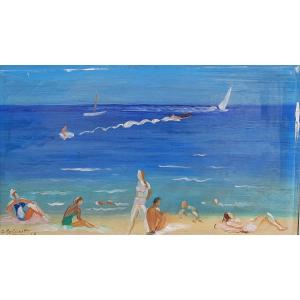 Geneviève Gallibert (1888-1978) - Huile Sur Toile - Bord De Mer 