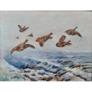 Oil On Cardboard - The Flight Of Partridge - E. Mérite (20th Century)