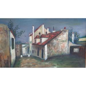 Huile Sur Toile - Vue de la maison de Mimi Pinson (xxe Siècle) cartouche BERNAT