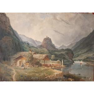 Gouache Sur Papier - Paysage Canton De Berne (xixe Siècle)