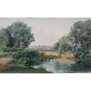 Watercolor On Paper - Banks Of The Seine - L. Lecocq 