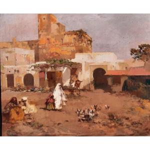 Daniel Cortes (spanish, 1873 – 1919) - Oil On Panel - Orientalist Landscape