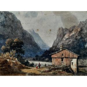 Hippolyte Sebron (1801-1879) - Gouache Sur Papier - Paysage De Suisse