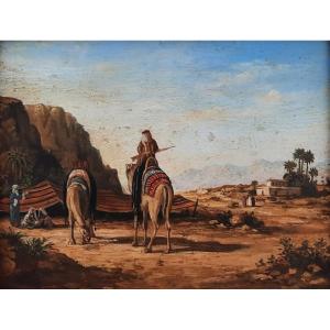 Huile Sur Bois - Paysage Dans Le Désert (xxe Siècle)