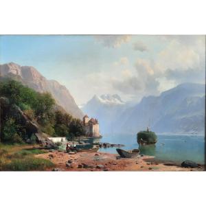 Robert Schultze (1828-1910) - Oil On Canvas - View Of Chillon Castle, Lake Geneva