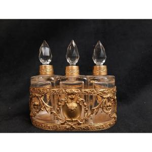 Set Of Three Crystal Bottles Mounted On Brass 