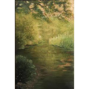 Oil On Panel - Pond Surrounded By Greenery (20th Century)