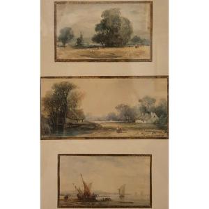 Hippolyte Garneray (1787–1858) - Watercolor On Paper - Triptych Of Landscapes