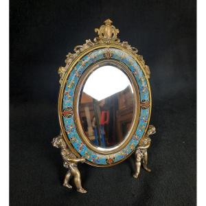 Miroir de table / psyché en bronze et émail (XIXe siècle)