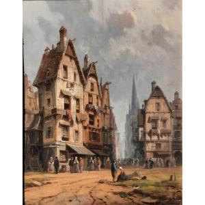 Charles-euphrasie Kuwasseg (1833-1904) - Oil On Wood - Street Scene In Rouen