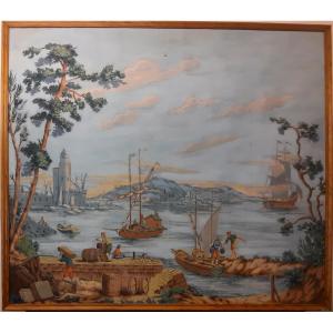 Painting On Canvas Mounted On Board - Lively Port Scene - In The Style Of Zuber (19th Century)