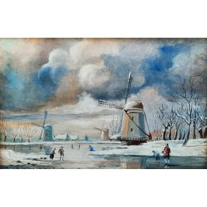 Huile sur bois - Paysage hivernal aux moulins (XIXe siècle)