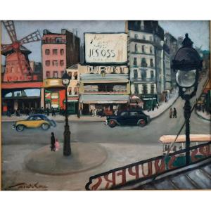 Huile sur toile - Vue du Moulin Rouge Paris - Maurice SAINT-LOU (XXe siècle)