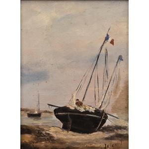 Eugène Jacquet (20th Century) - Oil On Wood - Seascape With Beached Boats