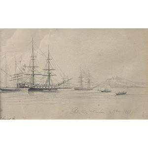 Francisque Gabillot  - dessin Navires dans le port de Toulon - 1847