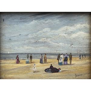 Jean-pierre Jouan (1943-) - Oil On Wood - Lively Beach At Deauville