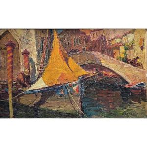 Louis Bonamici (1878-1966) - Huile sur panneau - Vue de Venise 