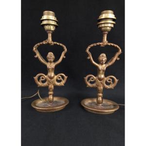 Paire de pieds de lampe aux sirènes en bronze doré (XXe siècle)