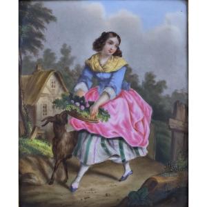 Peinture sur porcelaine - Scène pastorale avec une jeune fille - XIXe siècle