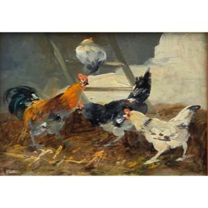 Oil On Panel - Barnyard With Hens - 19th C. School After Coppenolle