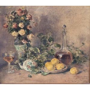 Léon Mondan (1852-1913) - Aquarelle - Nature morte aux citrons et aux roses 