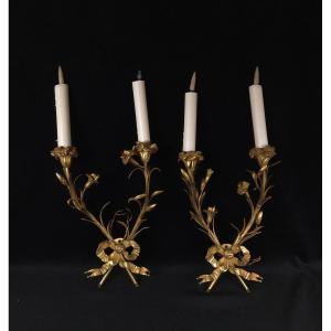 Pair Of Louis XVI Style Sconces In Gilt Bronze (20th Century)