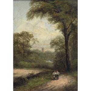 Camille Berlyn (XIXe siècle) - Huile sur toile - Paysage animé 