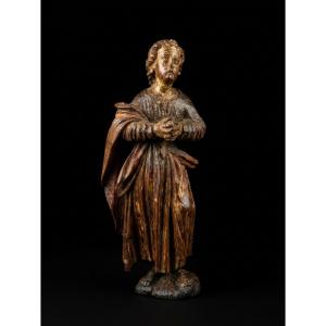 Wood Sculpture - Saint John At Prayer (19th Century)
