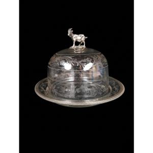Cheese Bell And Display In Crystal And Silver - Goat Décor - Late 19th Century