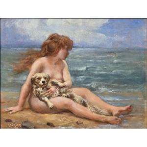Adolphe LA LYRE (1848-1933) - Huile sur panneau - Femme et son chien sur la grève