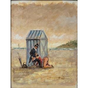 Paulette BARDY (1914-1966) - Huile sur panneau - Scène intime sur la plage de Cabourg