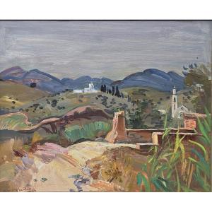 André Planson (1898-1981) - Huile sur panneau - Environs de Reus (Espagne) 