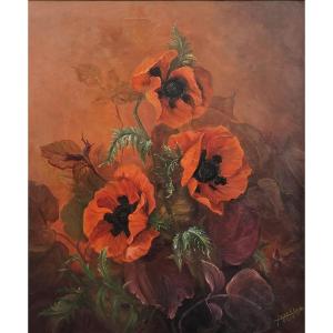 Jane-Claude LEVERT - Huile sur toile - Nature morte aux coquelicots (XXe siècle)