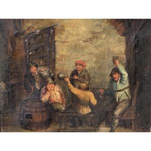 Oil On Canvas – Lively Tavern Scene In The Style Of David Teniers – 19th-century Flemish School