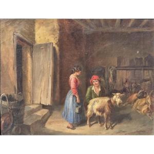 Oil On Canvas - Scene Of A Bustling Goat Farm - French School - 19th Century